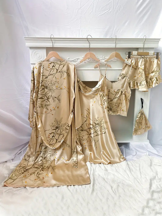 4pcs Floral Sleepwear: Long Sleeve Robe + Cami Dress + Cami Top + Ruffle Hem Shorts