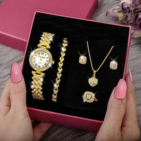 5pcs Set Graceful Fashion Women Watch Alloy Strap Ladies Quartz Wristwatch With Alloy Set Casual Female Clock Reloj Mujer