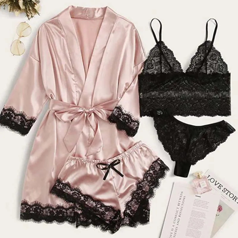 4 Pieces Woman Sleepwear With Robe Sexy Lace Lingerie Bathrobe Silk Satin