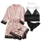 4 Pieces Woman Sleepwear With Robe Sexy Lace Lingerie Bathrobe Silk Satin