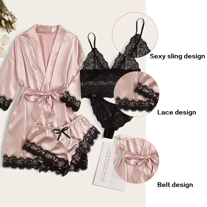 4 Pieces Woman Sleepwear With Robe Sexy Lace Lingerie Bathrobe Silk Satin