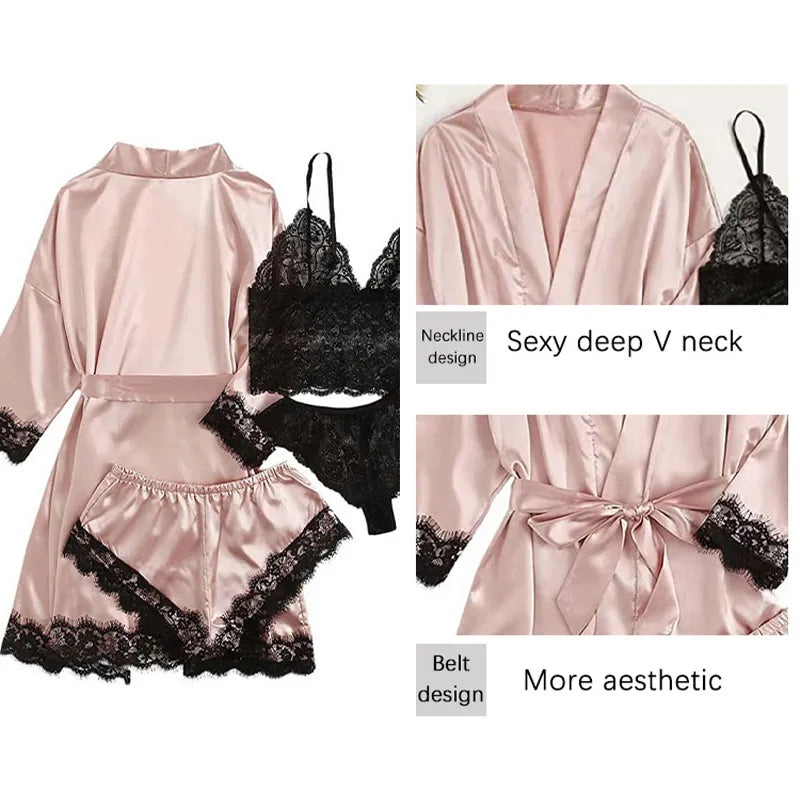 4 Pieces Woman Sleepwear With Robe Sexy Lace Lingerie Bathrobe Silk Satin